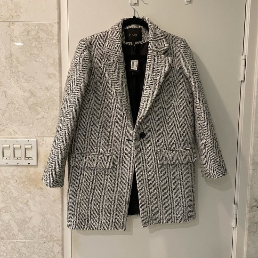 Maje long grey herringbone blazer